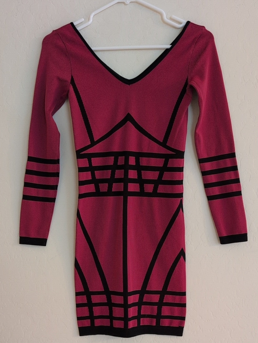 bebe Bandage Bodycon Fitted Long Sleeve Pink Black Geometric Mini Dress - Size S